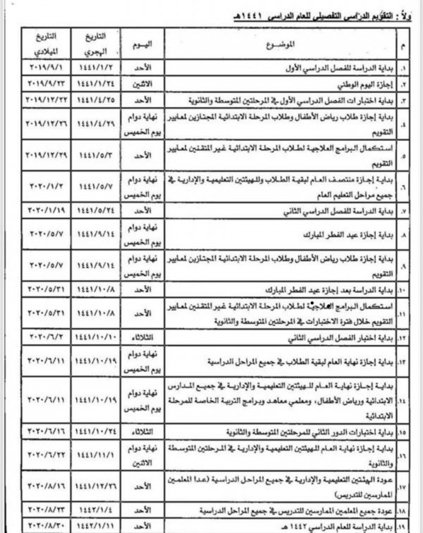 التقويم الدراسي للعام 1441